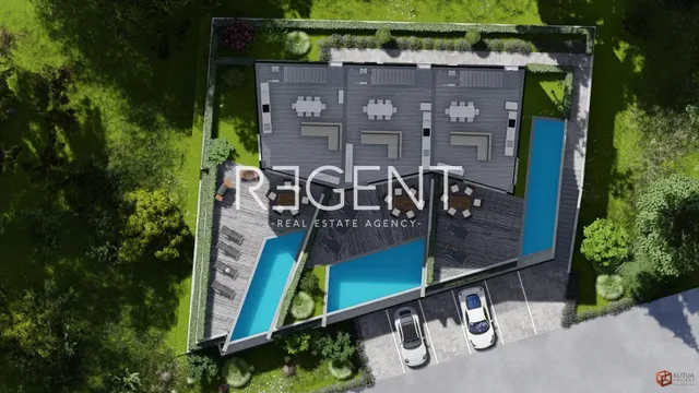 Pag, Mandre - Stambena novogradnja s tri apartmana s bazenima