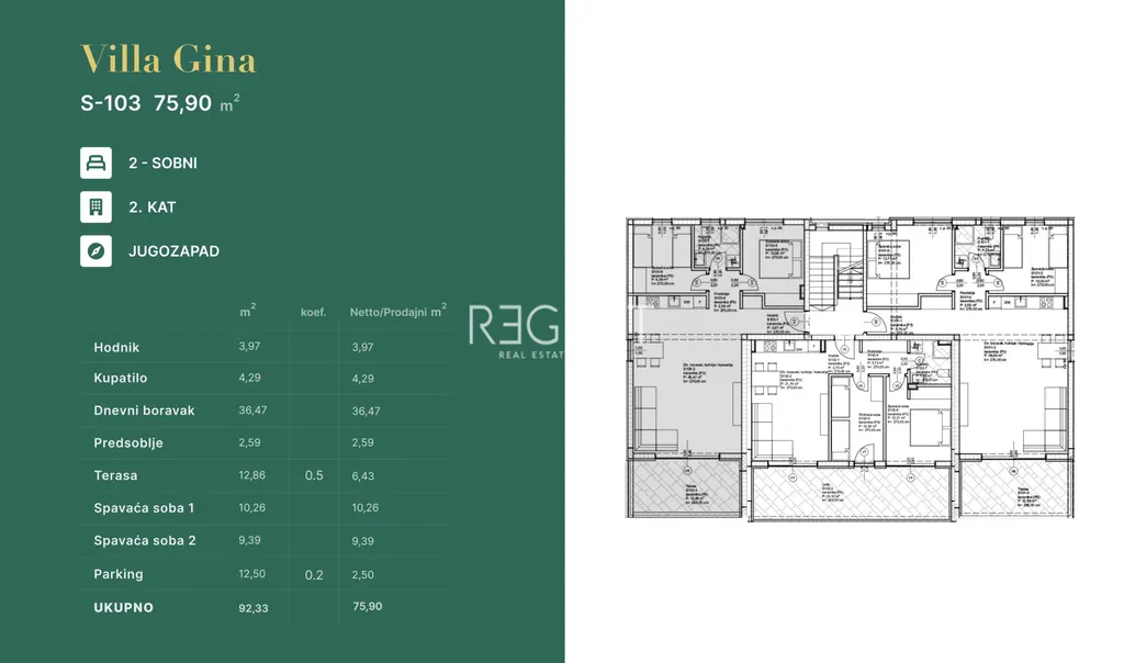Zadar, Privlaka - Luksuzan dvosoban stan u Vili Gina , novogradnja 75 m2