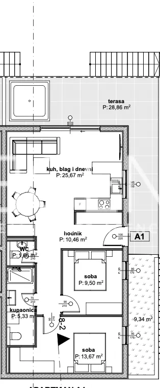 Trogir, Čiovo - Apartman u luksuznom apartmanskom naselju u blizini mora 76 m2