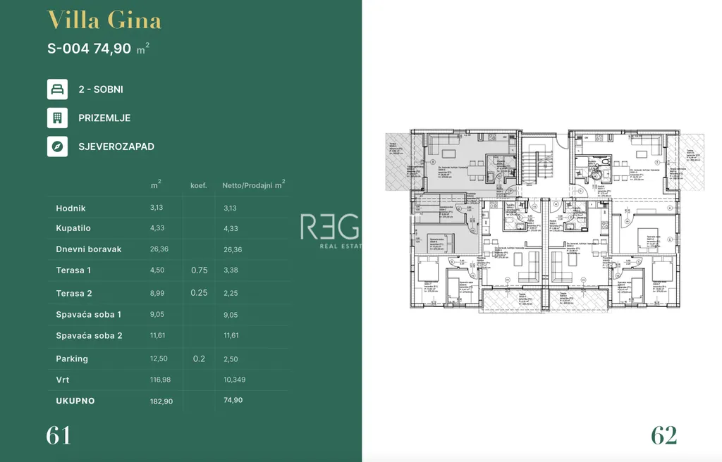Zadar, Privlaka - Luksuzan dvosoban stan u Vili Gina , novogradnja 74 m2